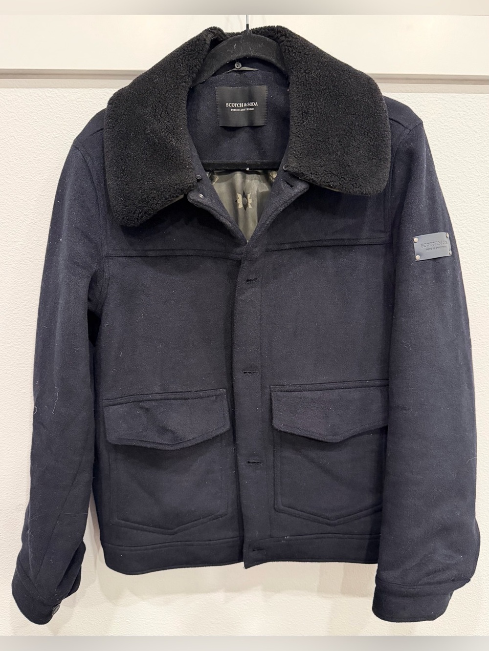Scotch & Soda Black Men's Wool-Blend Field Jacket with Shearling Collar